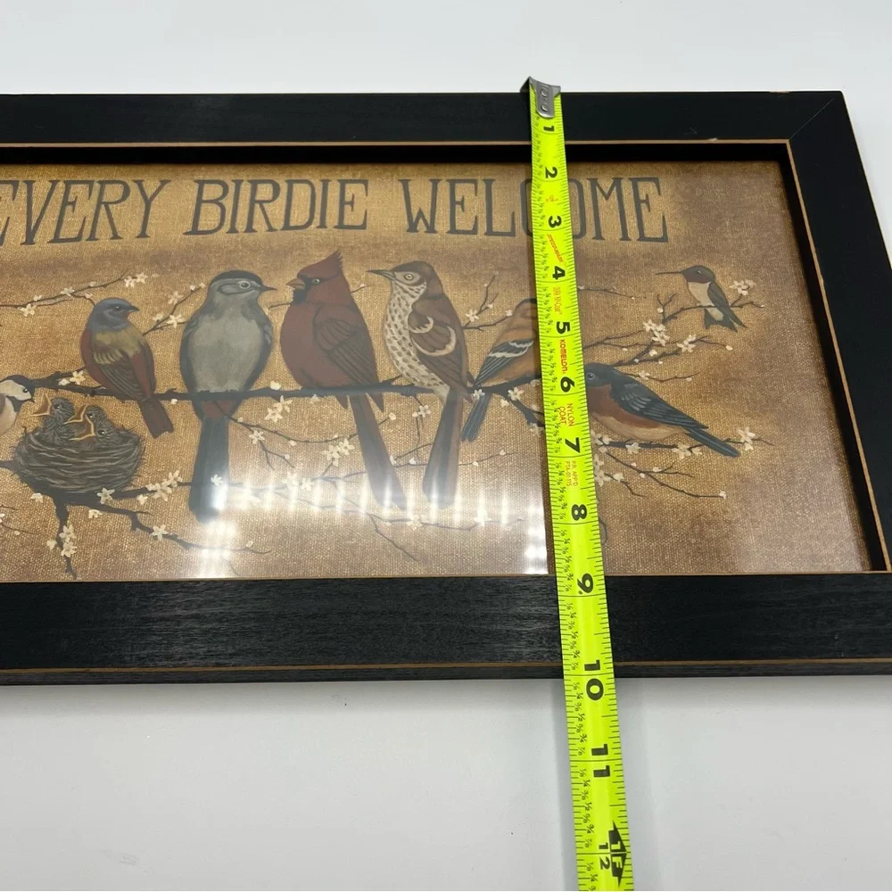 Evey birdie welcome framed art sign 18x10 inch multiple color birds cabin decor